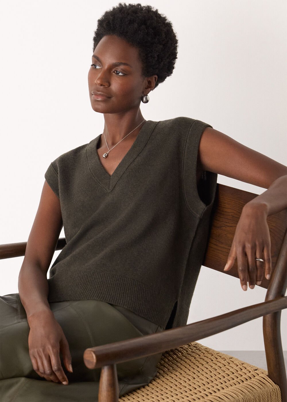 Khaki Wool V Neck Tank Top