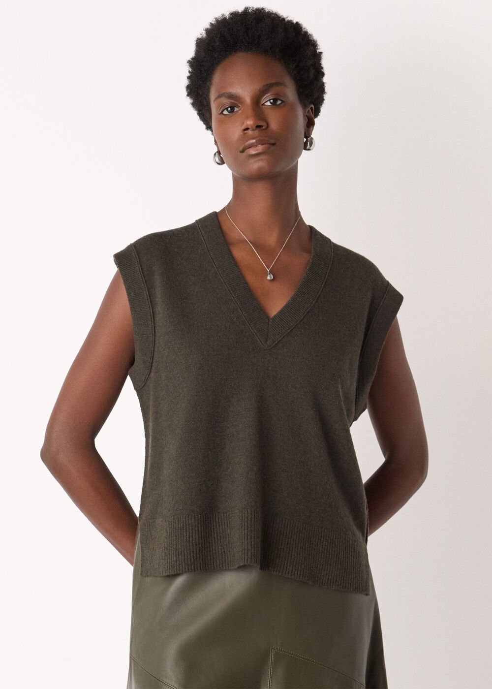 Khaki Wool V Neck Tank Top