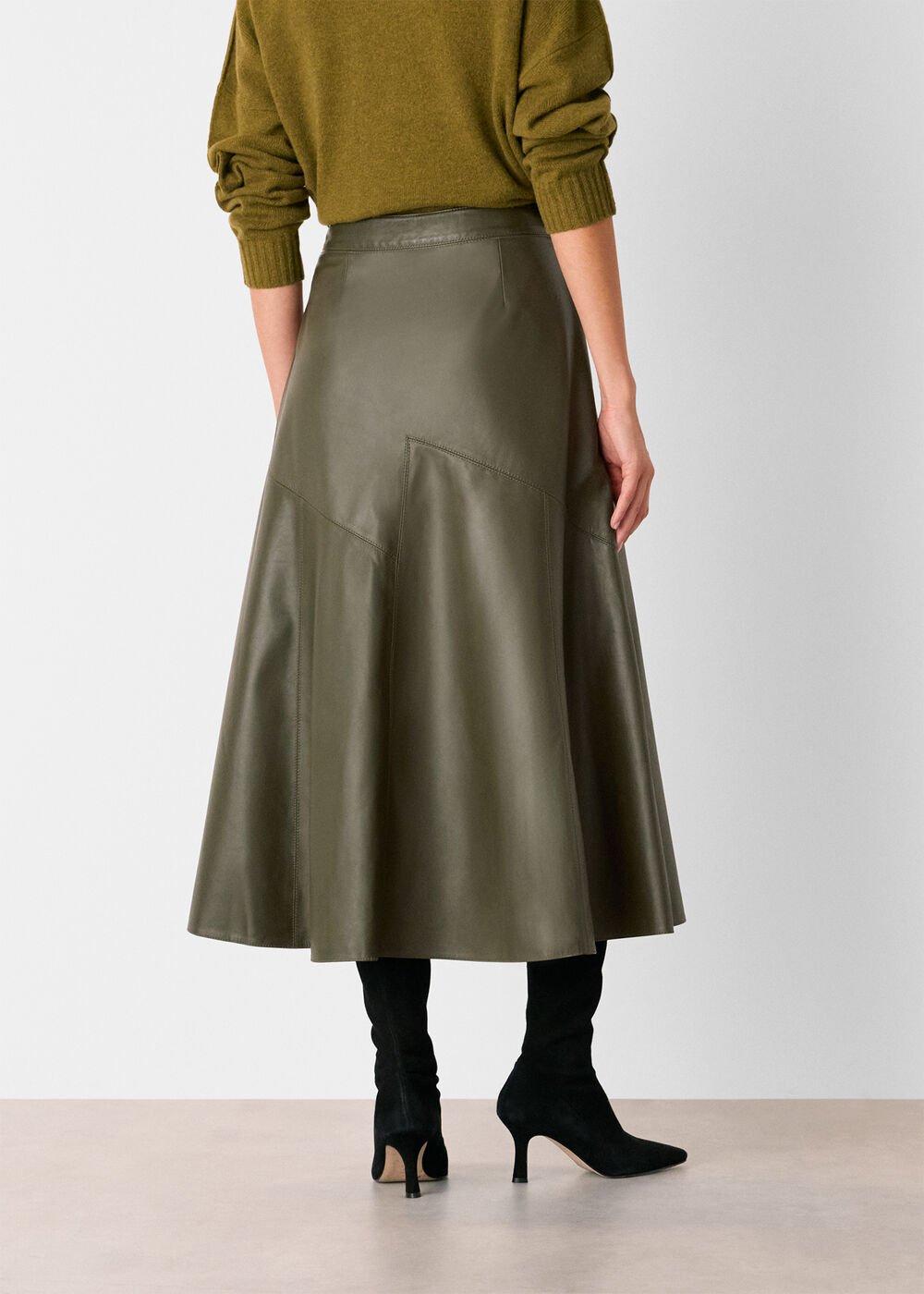Khaki Zig Zag Panel Leather Skirt