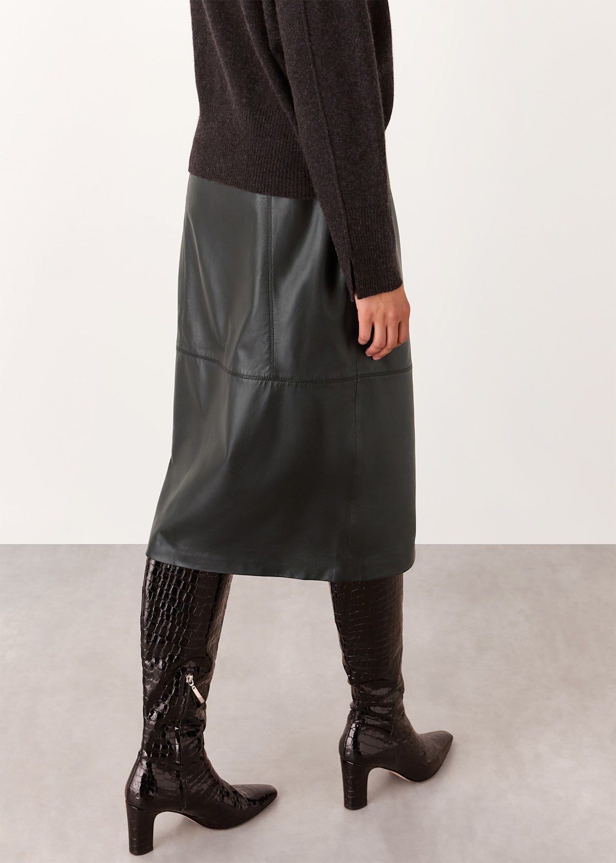 Black Zip Front Leather Pencil Skirt