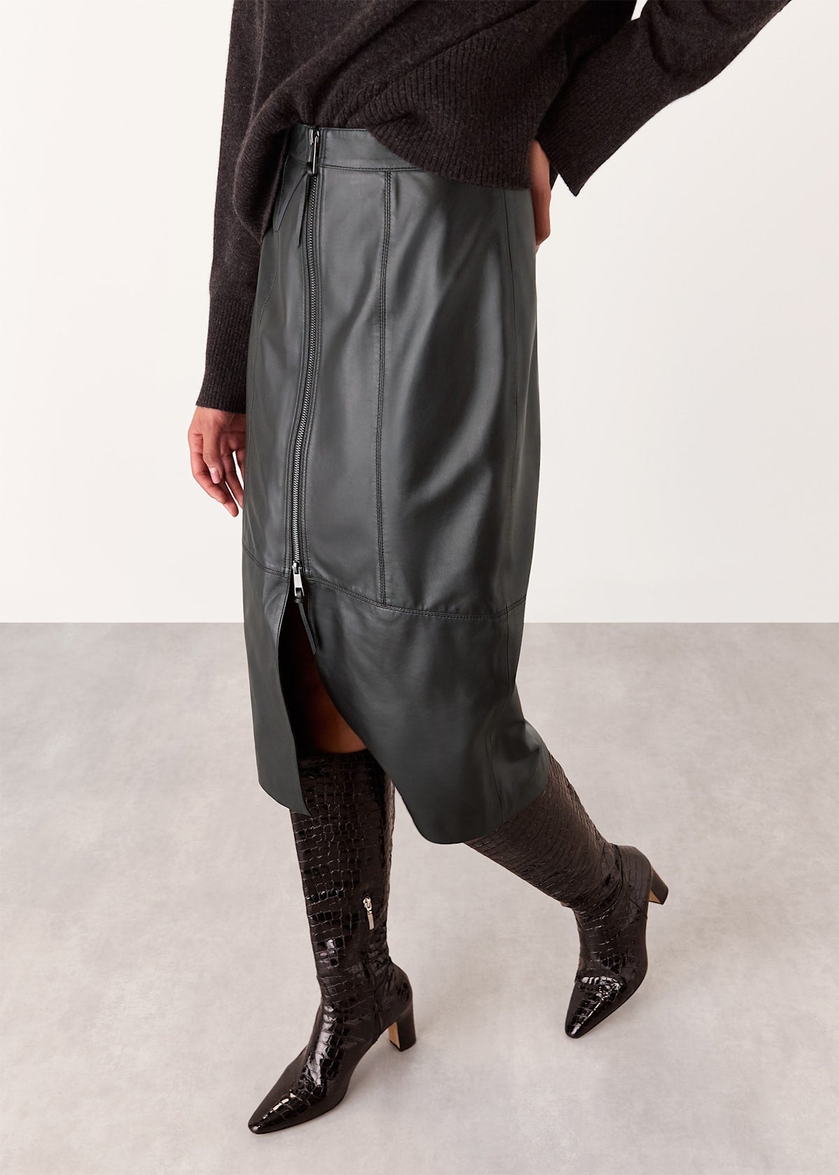 Black Zip Front Leather Pencil Skirt