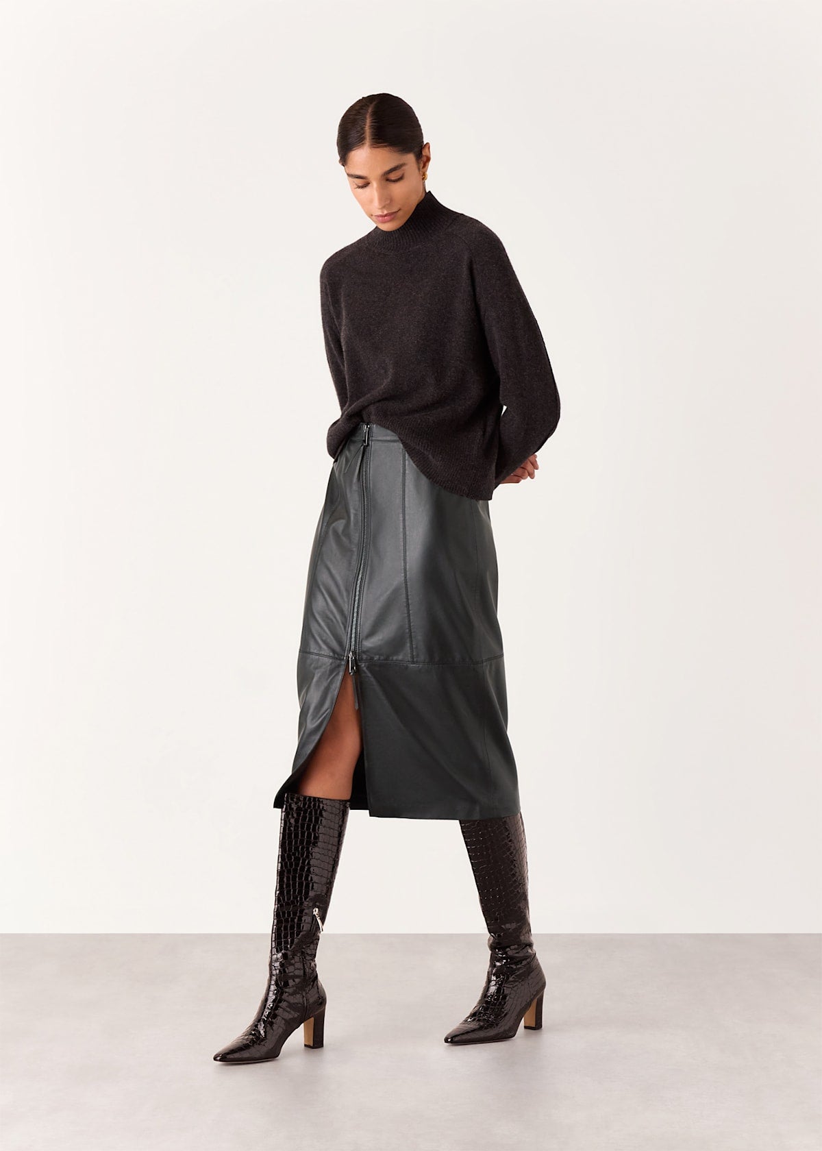 Black Zip Front Leather Pencil Skirt