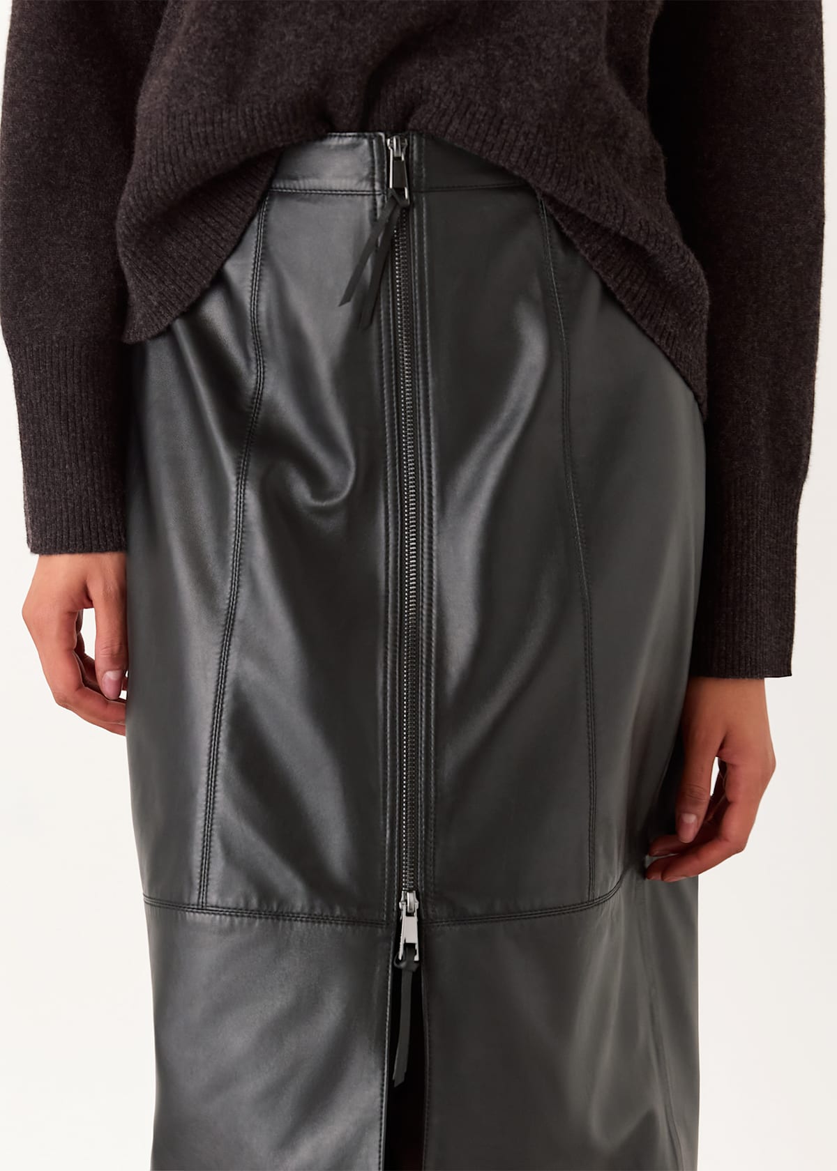 Black Zip Front Leather Pencil Skirt
