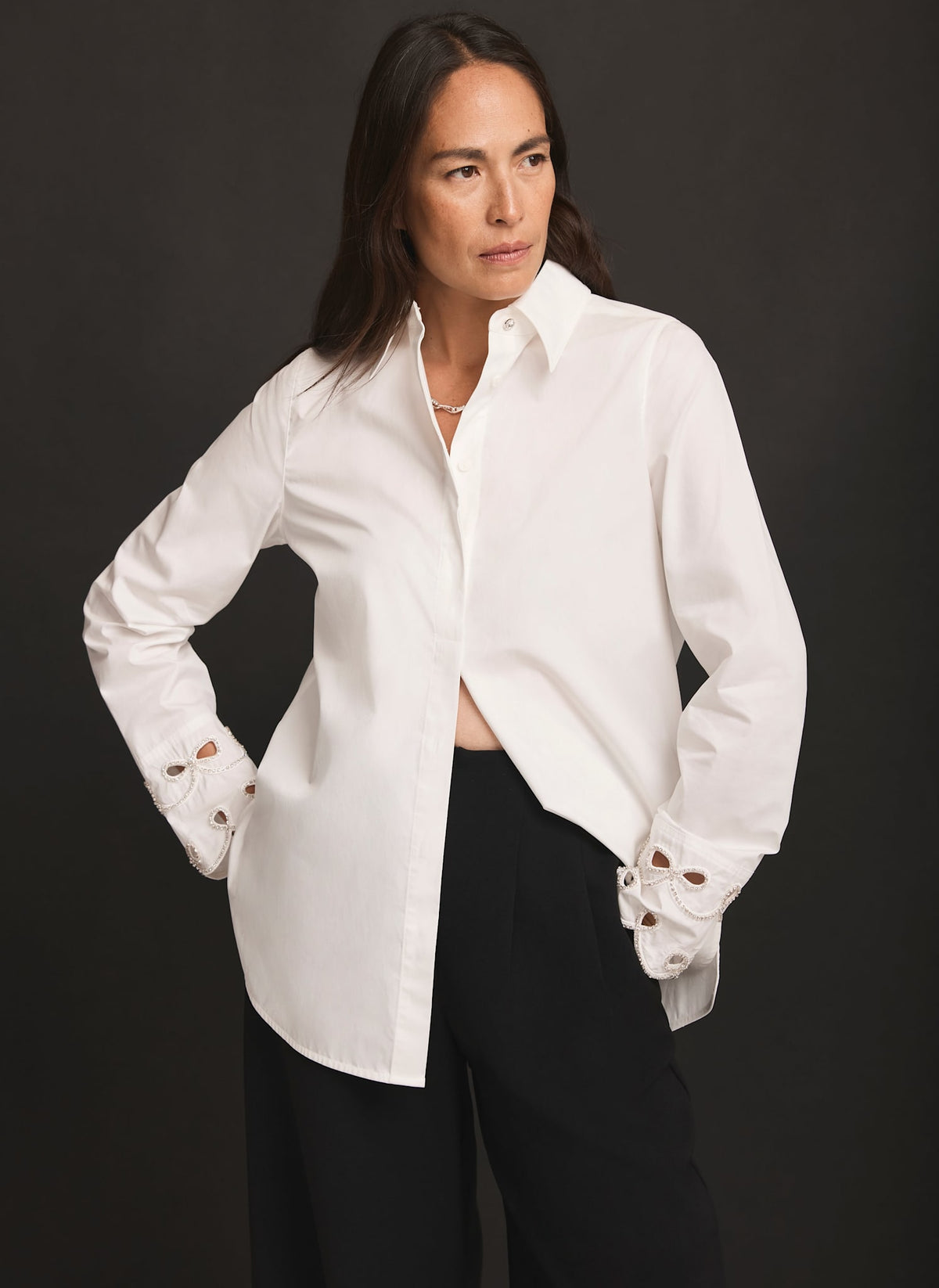 White Cotton Embellished Cuff Shirt