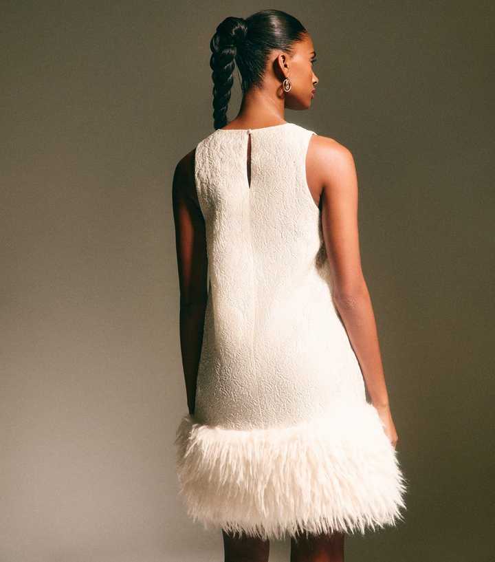White Jacquard Feather Trim Mini Dress