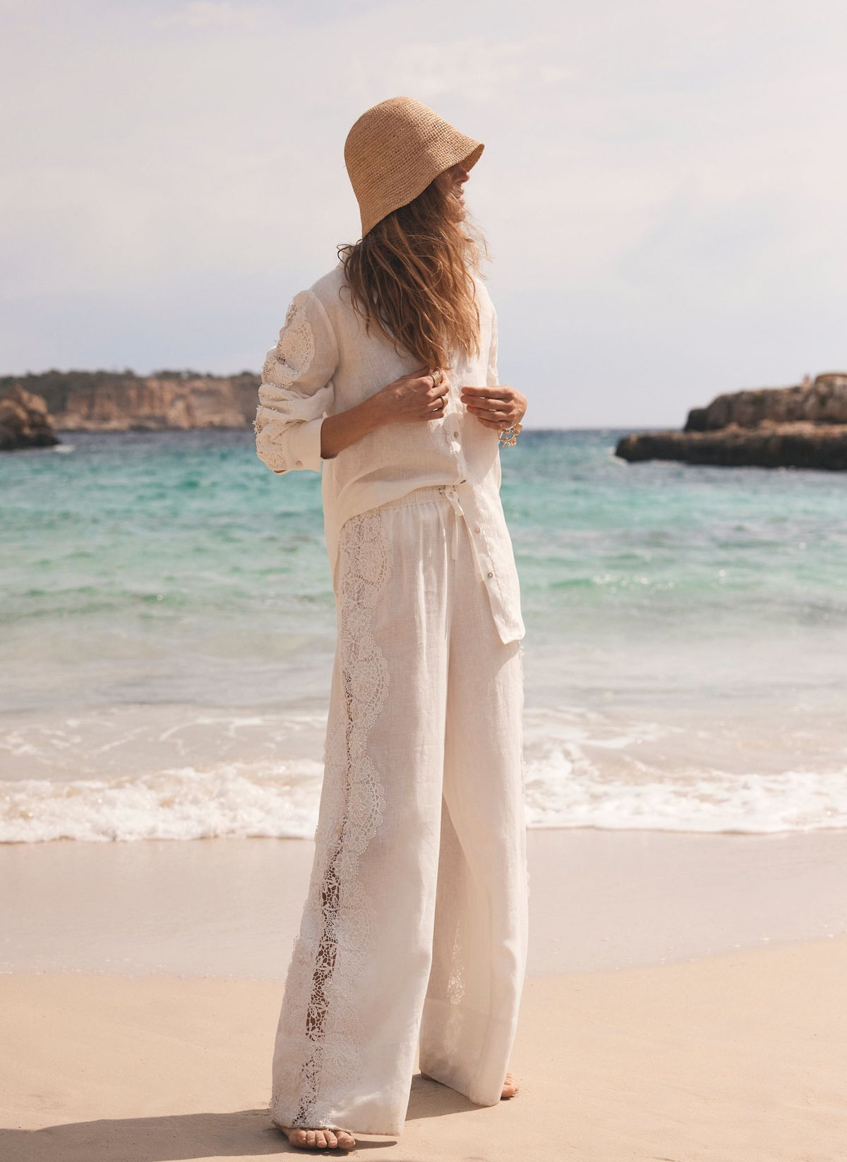 White Linen Lace Trim Wide Trousers