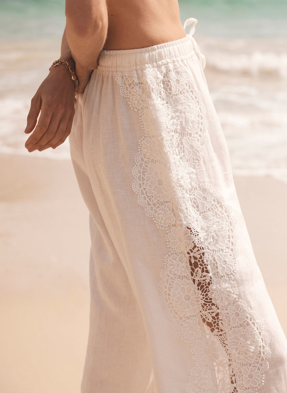 White Linen Lace Trim Wide Trousers