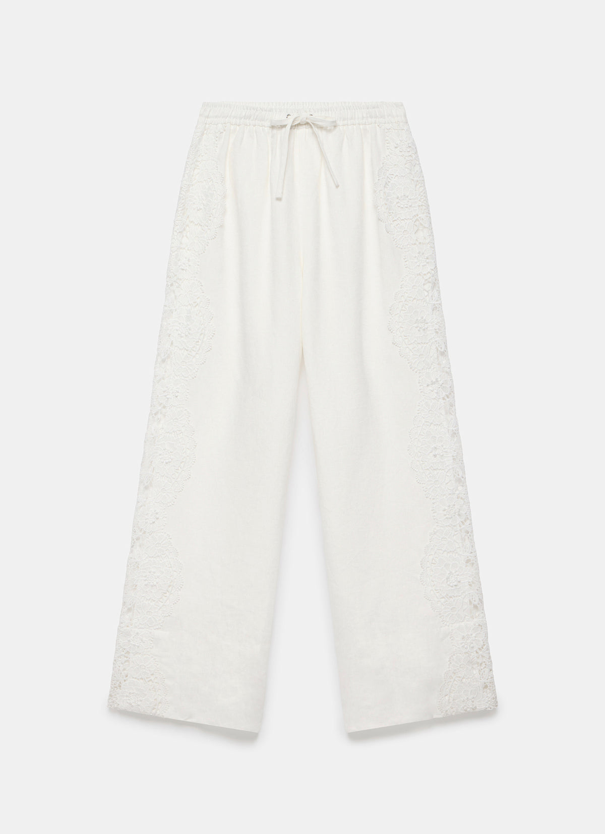 White Linen Lace Trim Wide Trousers