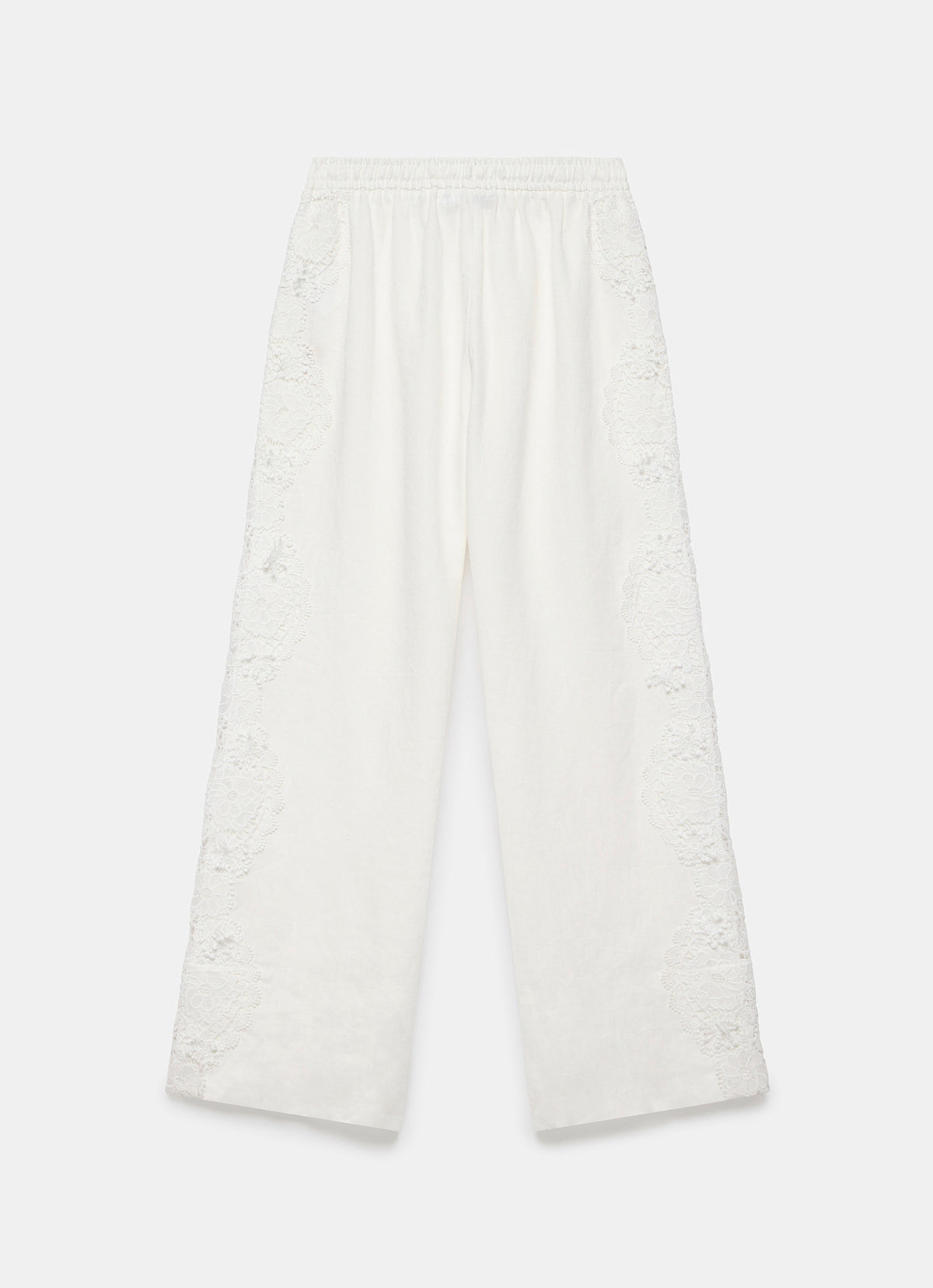 White Linen Lace Trim Wide Trousers