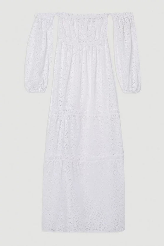Off Shoulder Broderie Maxi Beach Woven Dress