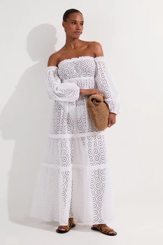 Off Shoulder Broderie Maxi Beach Woven Dress