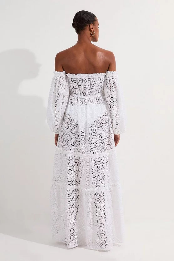 Off Shoulder Broderie Maxi Beach Woven Dress