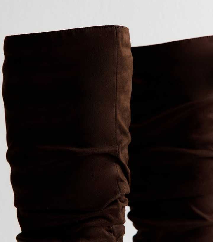 Wide Fit Brown Faux Suede Ruched Knee High Boots