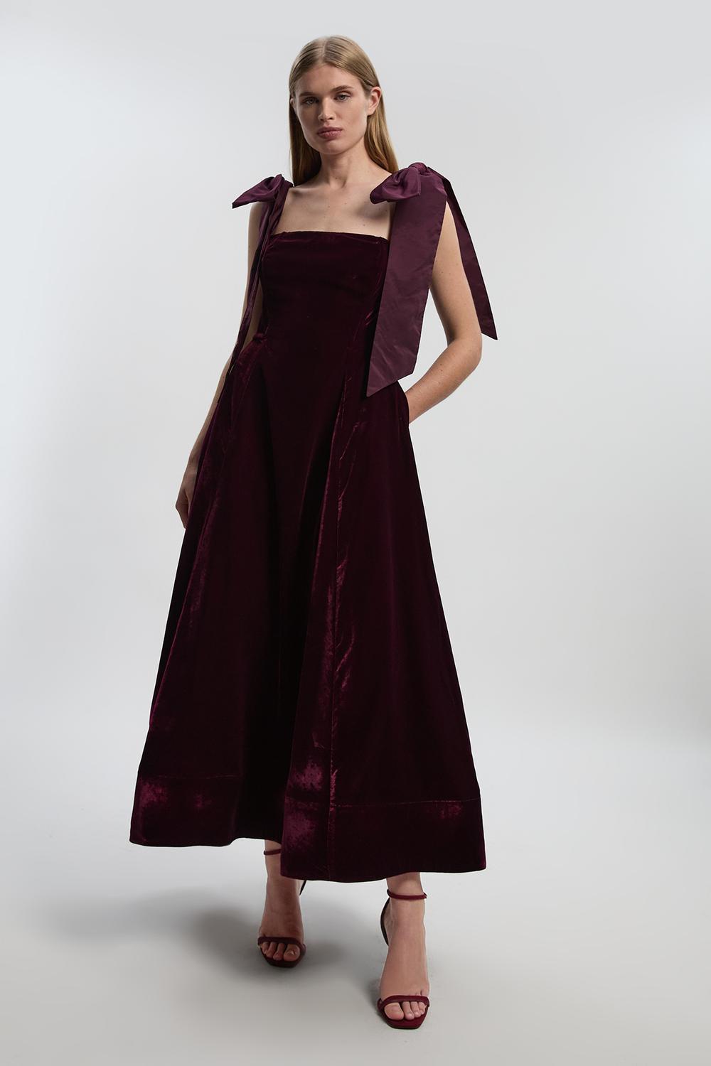 Velvet Bardot Woven Prom Midaxi Dress With Taffeta Bow