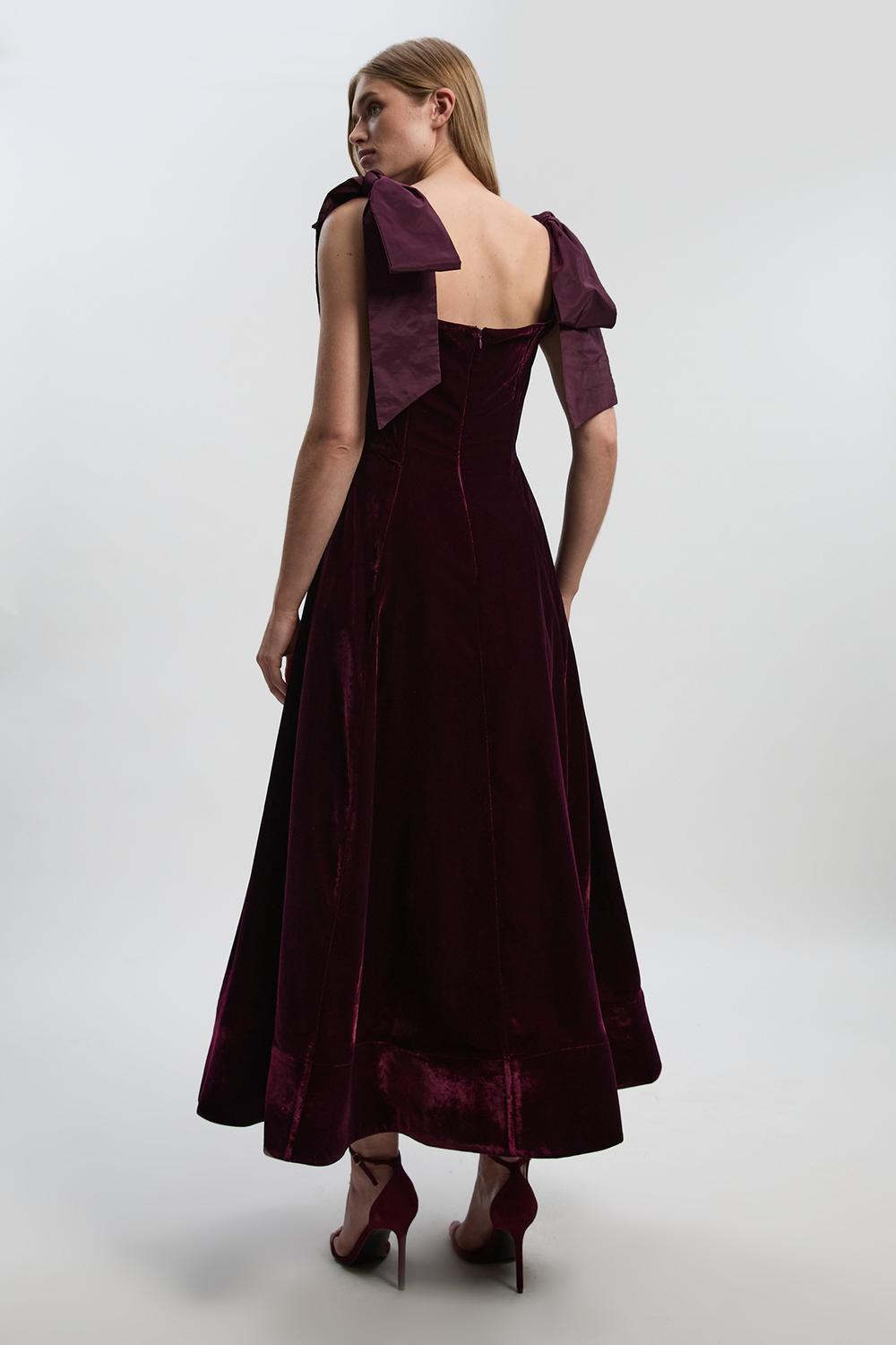 Velvet Bardot Woven Prom Midaxi Dress With Taffeta Bow