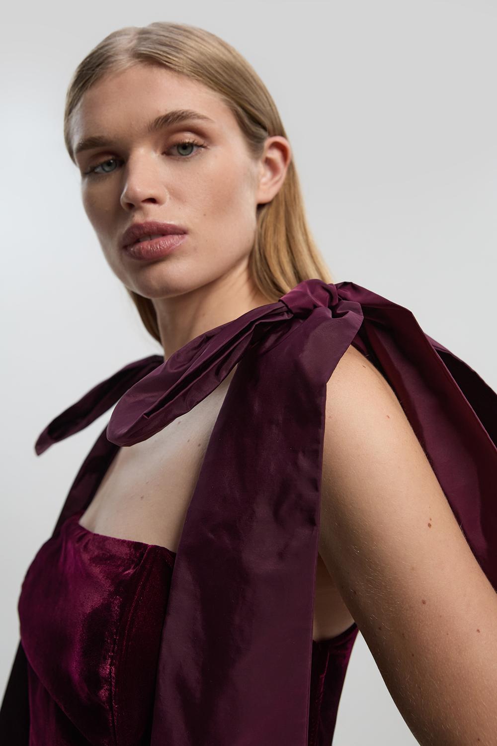 Velvet Bardot Woven Prom Midaxi Dress With Taffeta Bow