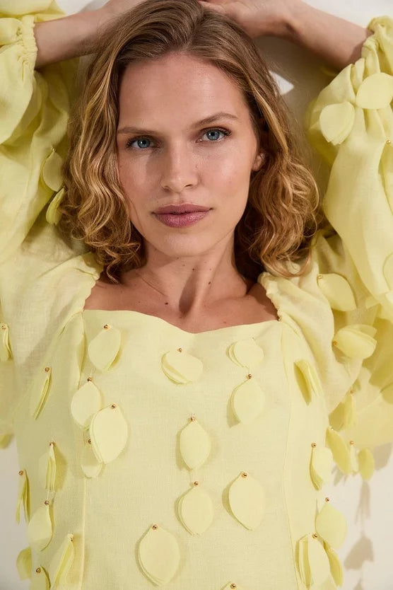 Applique Balloon Sleeve Woven Top