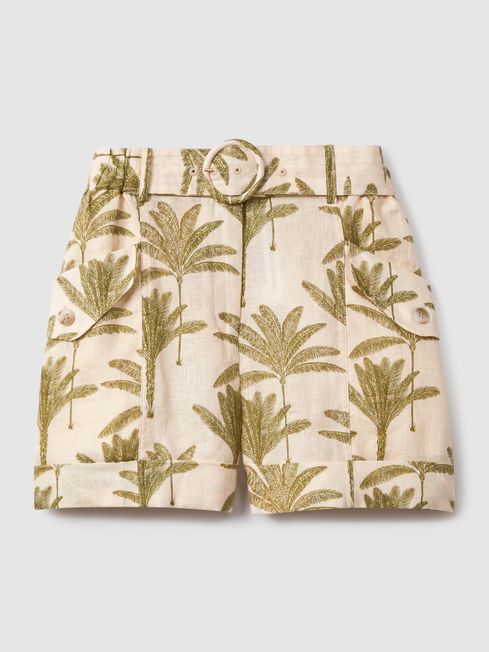 Tropical print linen shorts
