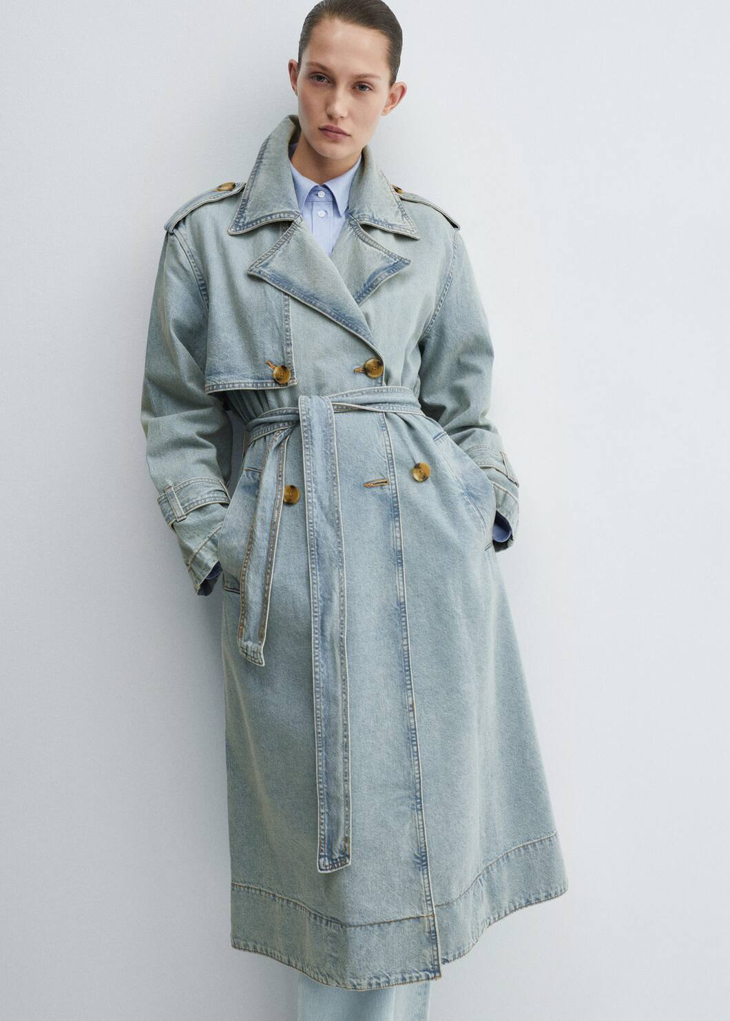 Double breasted denim trench coat