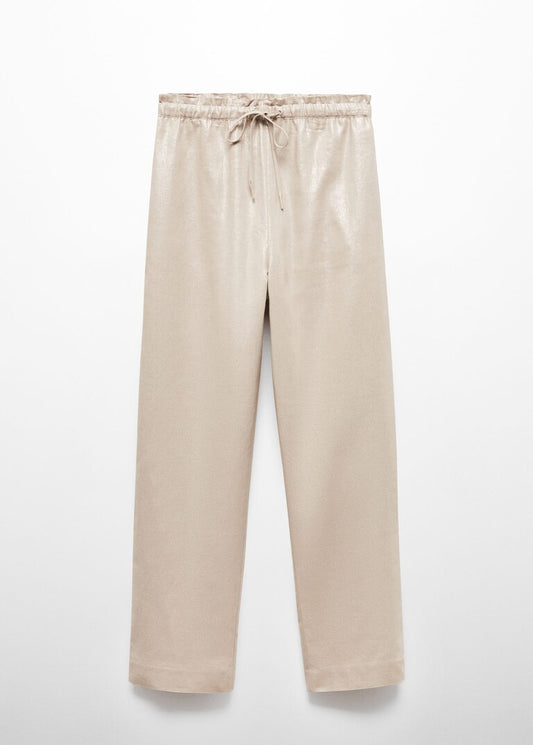 Linen-blend elastic waist trousers