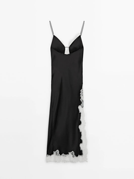 Satin camisole dress with contrast lace