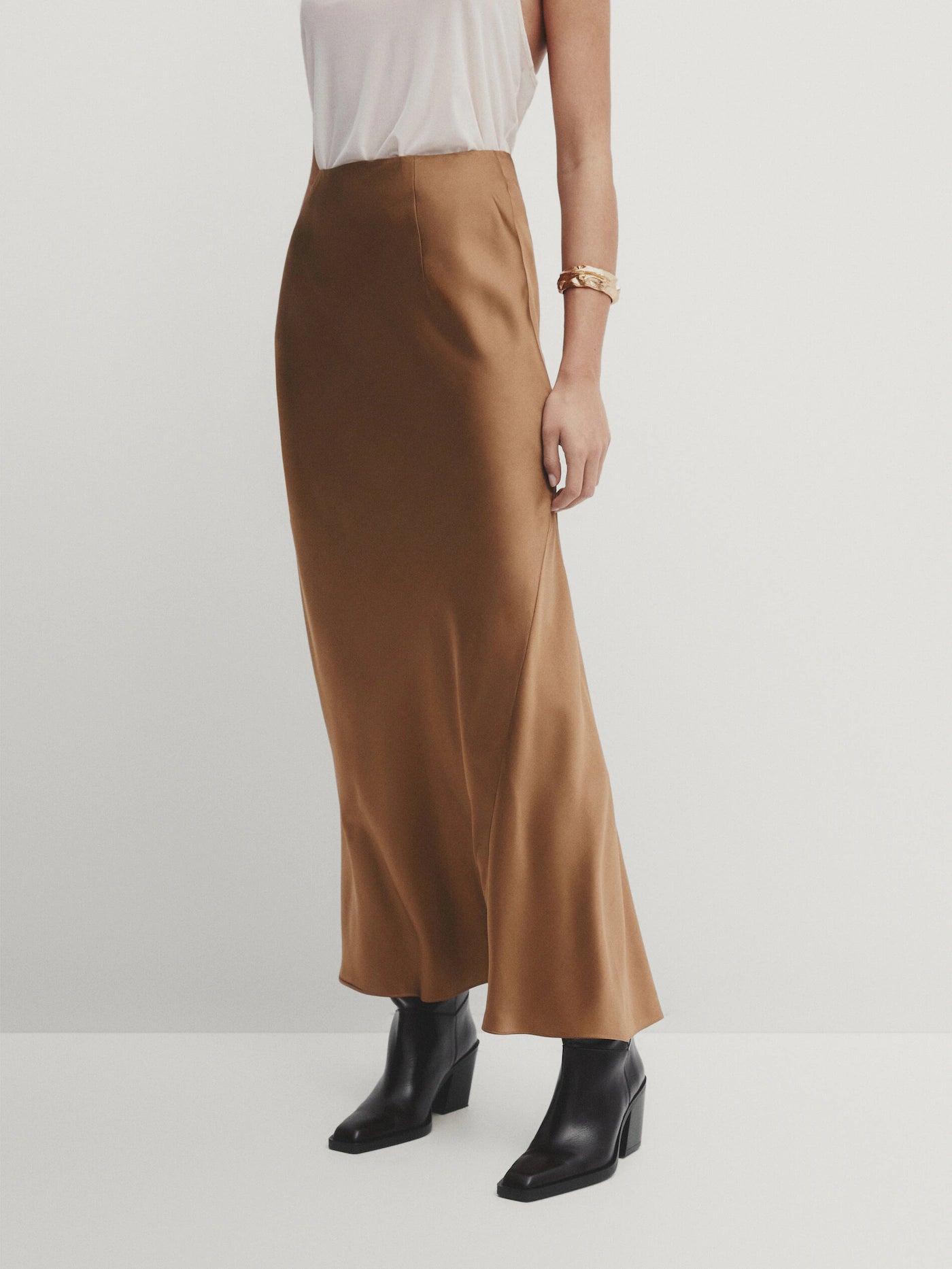 Long satin-finish silk skirt