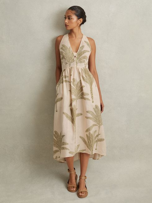 Linen tropical print midi dress