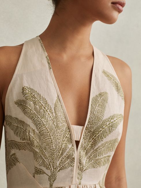 Linen tropical print midi dress