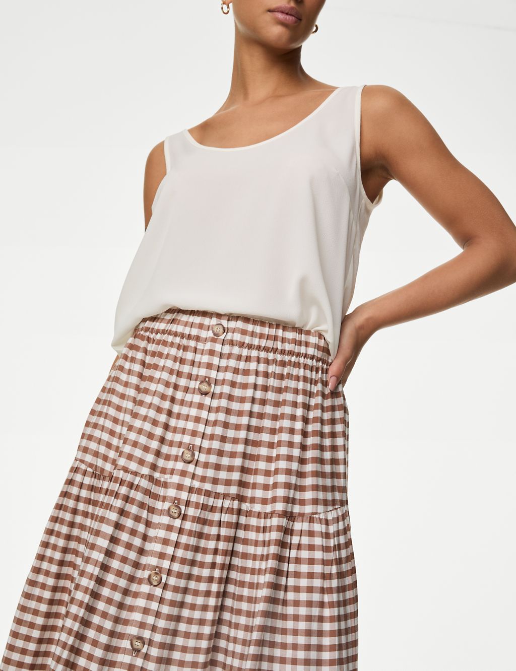 Checked button front midi skirt