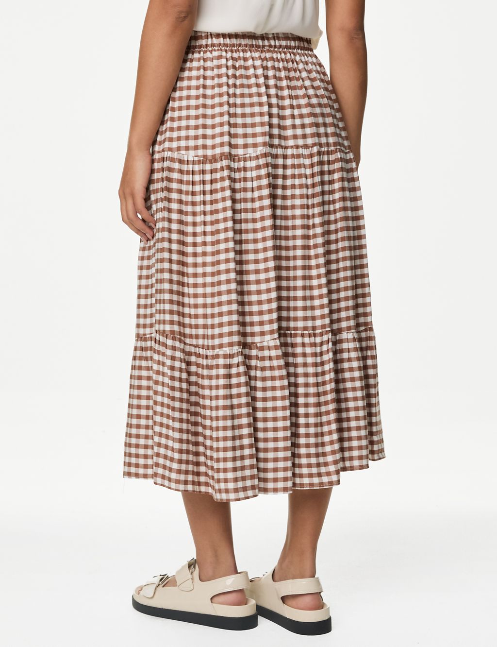 Checked button front midi skirt