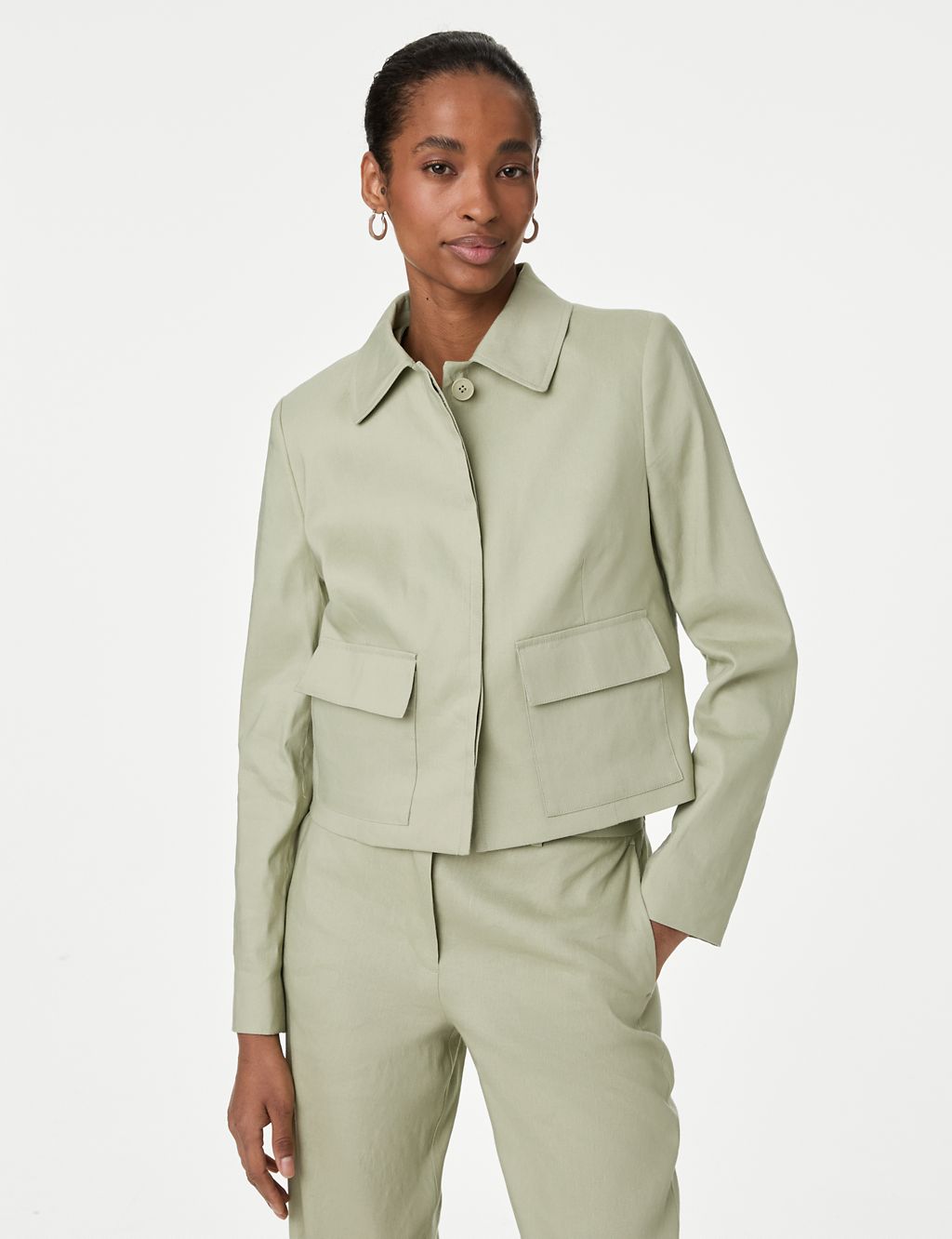 Linen collared cropped utility jacket