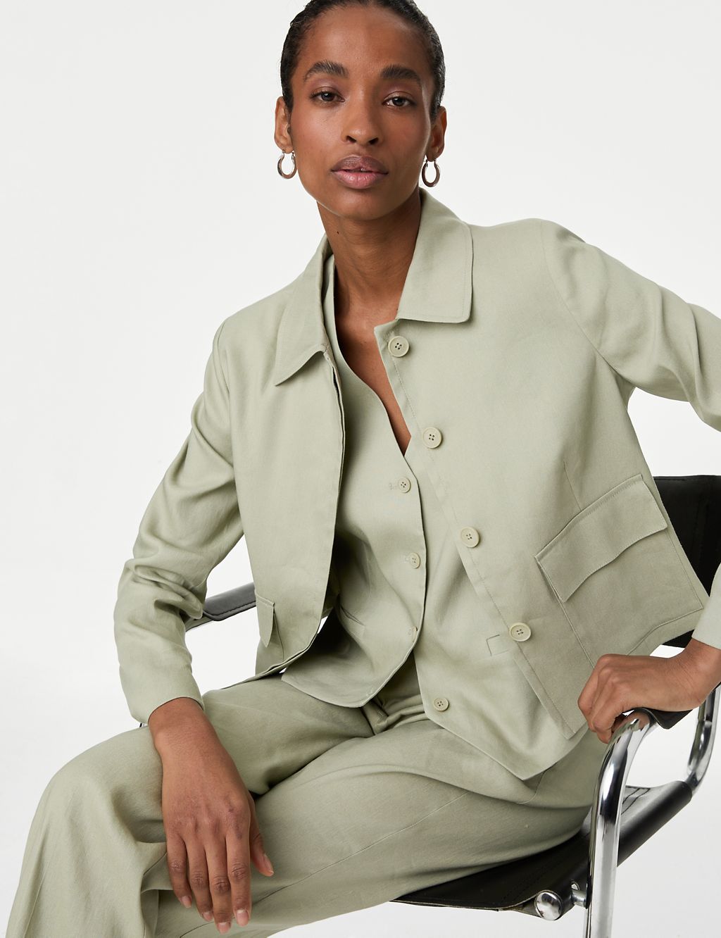 Linen collared cropped utility jacket