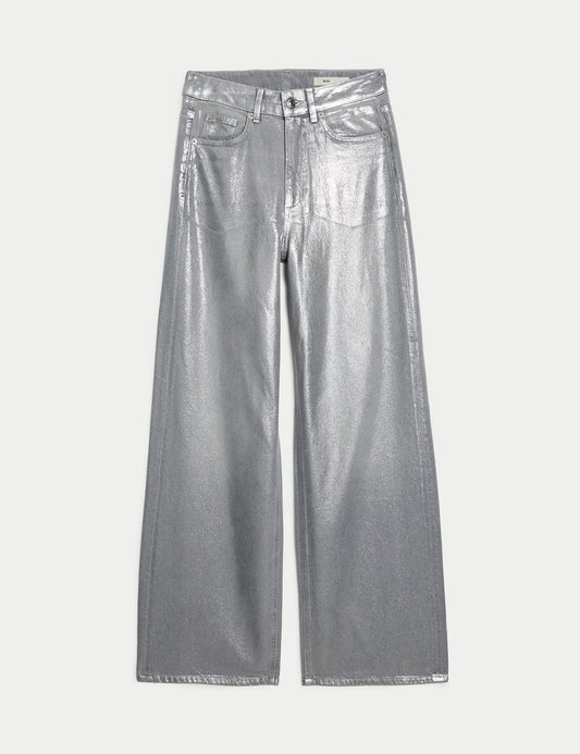 Metallic wide leg silver jeans