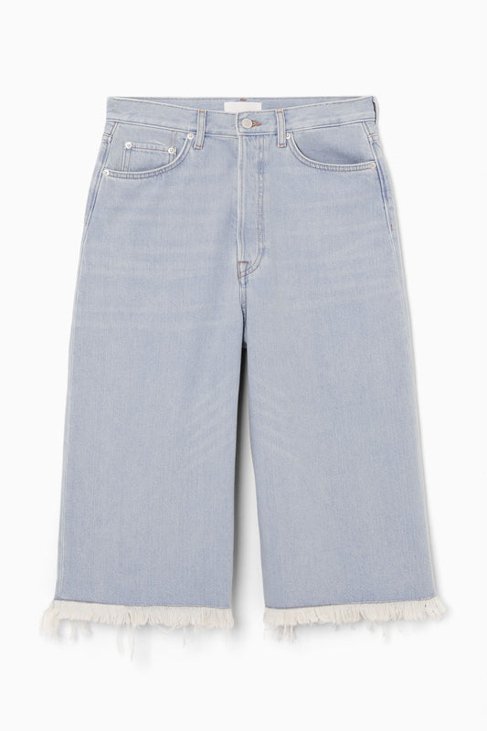 Frayed longline denim shorts