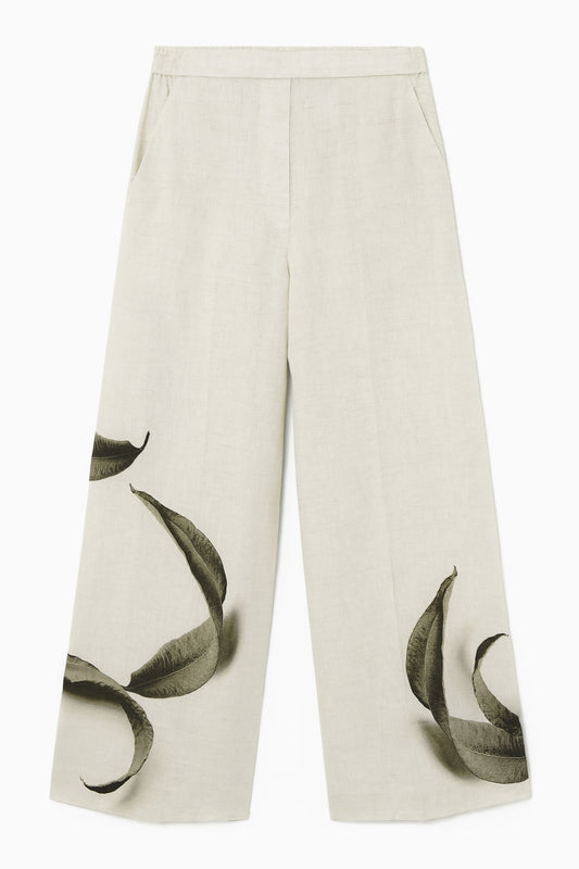 Leaf-print linen trousers