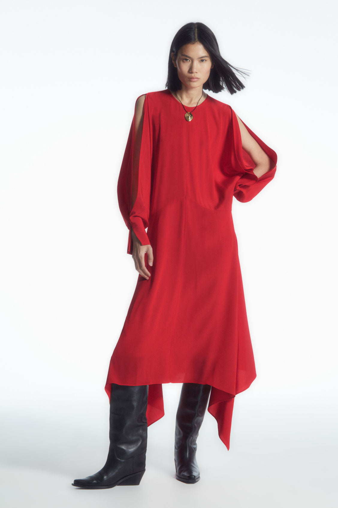 Open-sleeve silk-blend dress