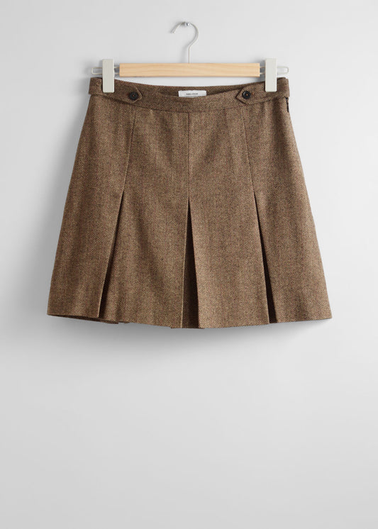 Pleated herringbone mini skirt