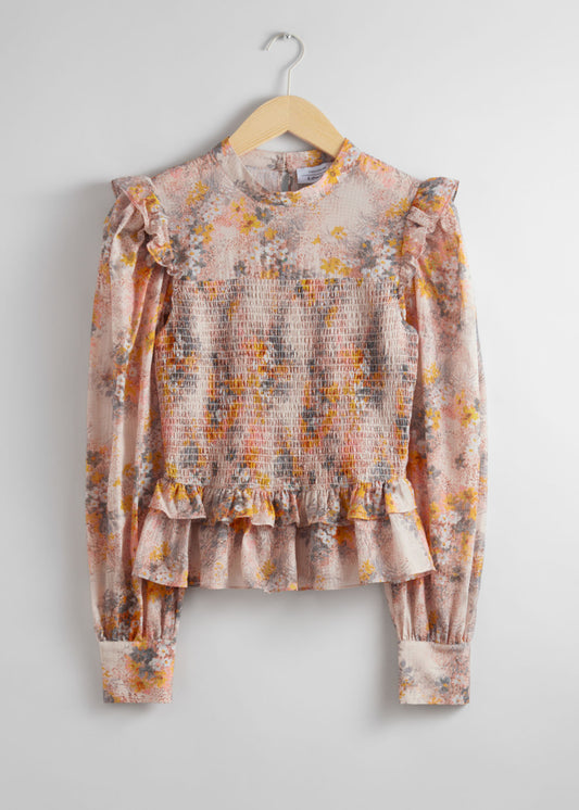 Smocked frill floral blouse