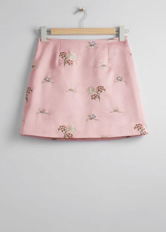 Floral embroidered satin mini skirt