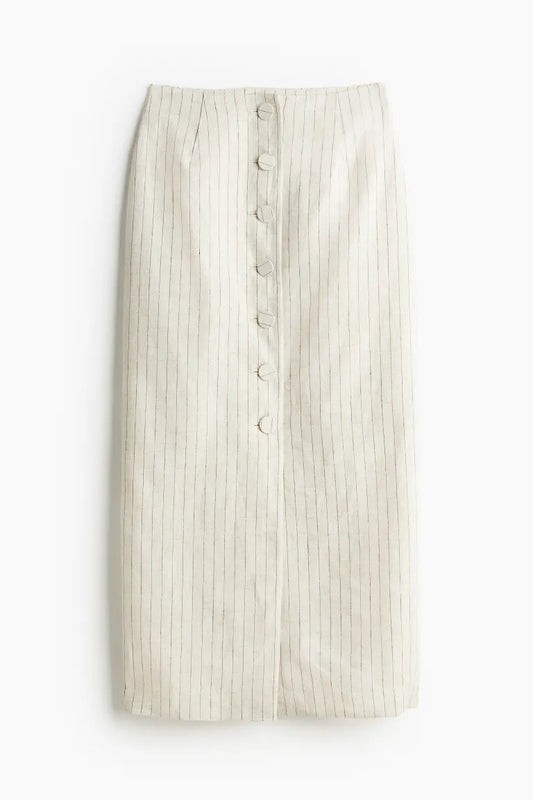 Button-front linen skirt