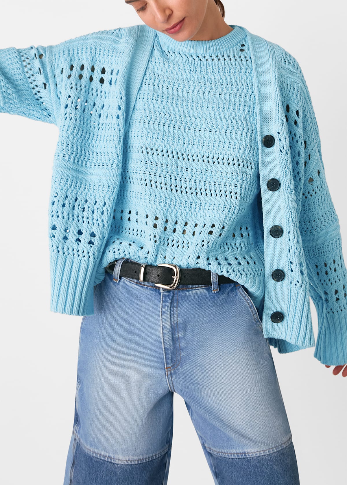 Blue Cotton Pointelle Cardigan