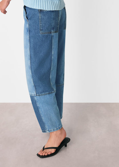 Denim Patchwork Barrel Leg Jean