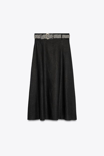 Belted Linen Midi Skirt