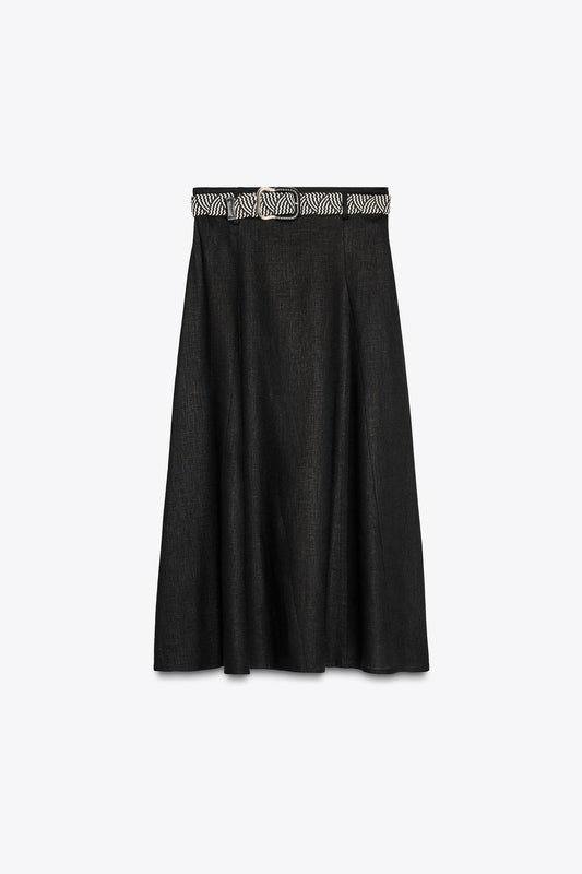 Belted Linen Midi Skirt
