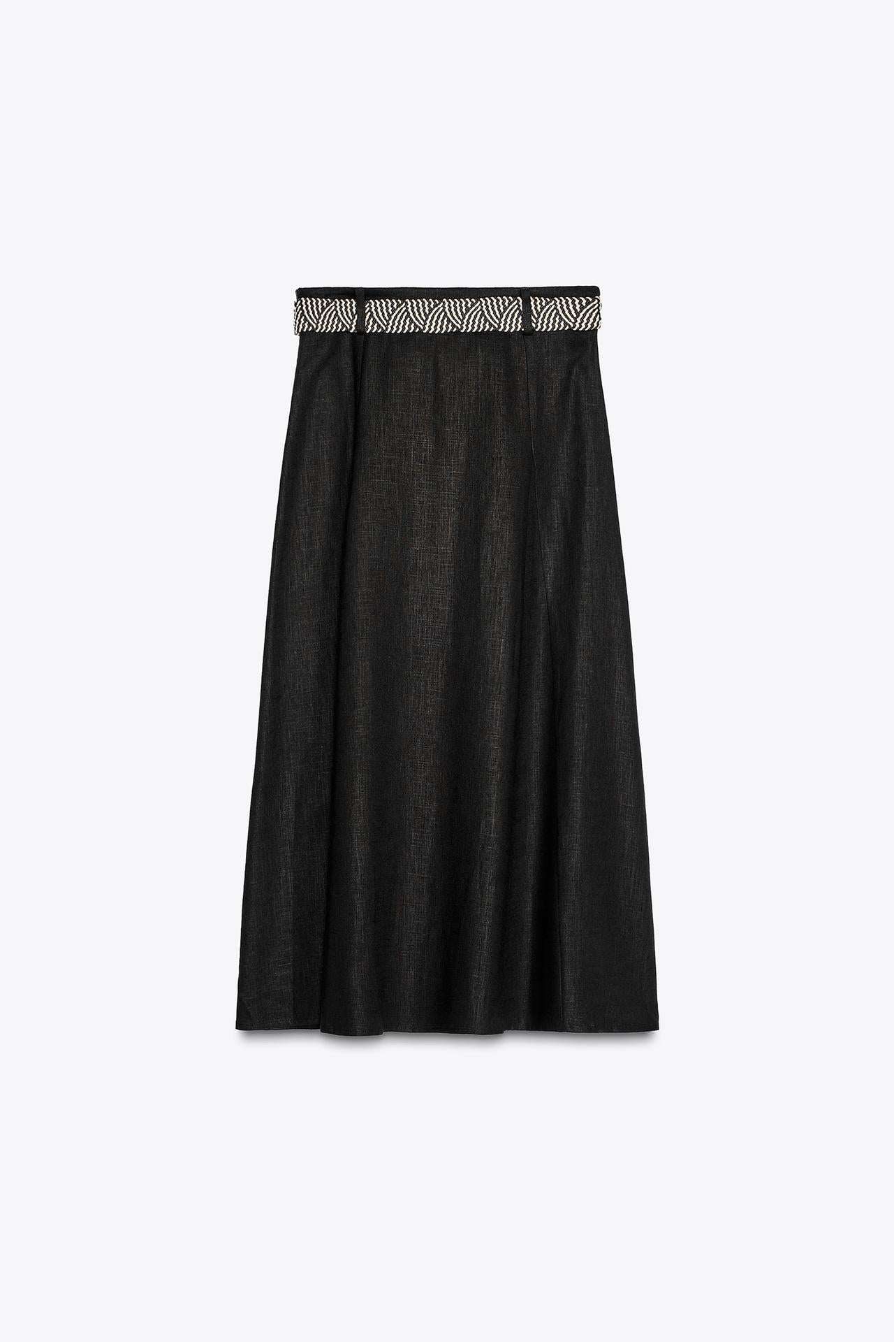 Belted Linen Midi Skirt