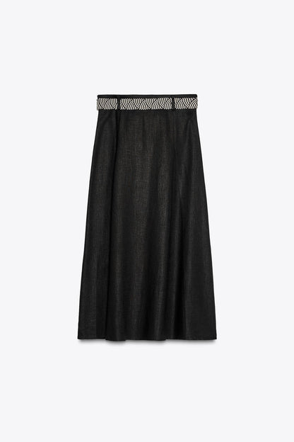 Belted Linen Midi Skirt
