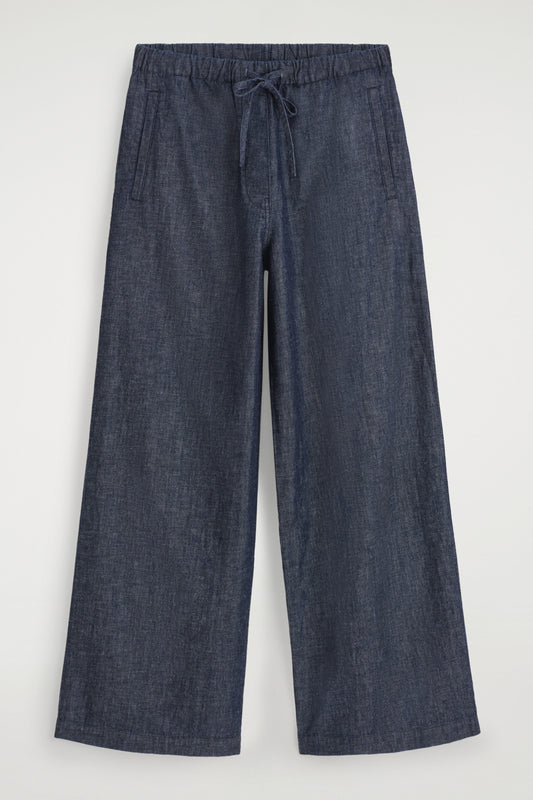 Denim wide-leg drawstring trousers