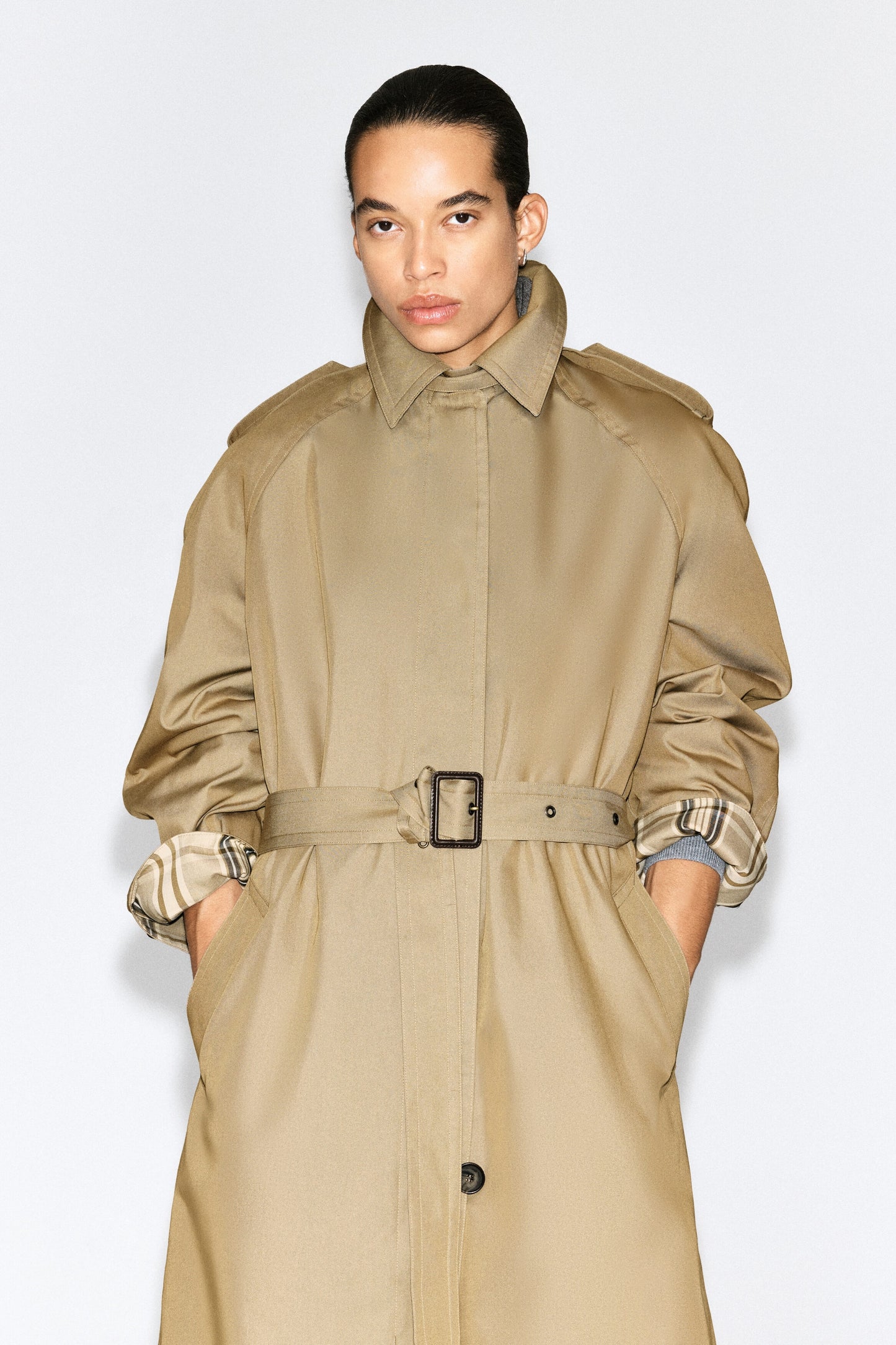 Check-Detail Belted Cotton Trench Coat