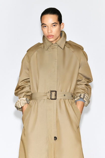 Check-Detail Belted Cotton Trench Coat