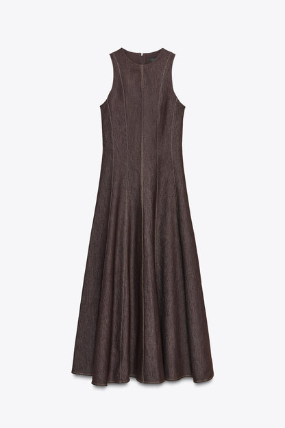 Contrast Topstitching Midi Dress